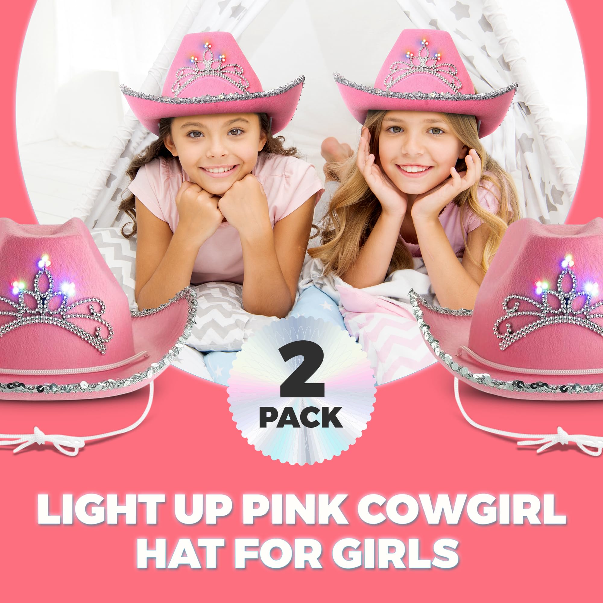 Light Up Pink Cowgirl Hat for Girls - (Pack of 2) Kids Cowboy Hat with Blinking Tiara Sequin Trim Fringe and Drawstring, Felt Girls Pink Cowboy Hat Costume Party Accessory, Dress-Up, 6x7-Inch